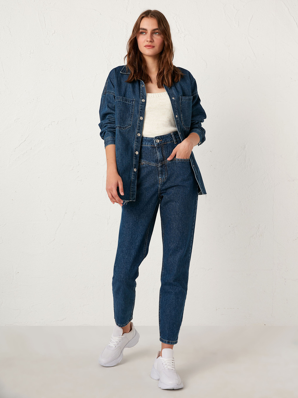 İndigo Yüksek Bel Mom Fit Kadın Jean Pantolon-8