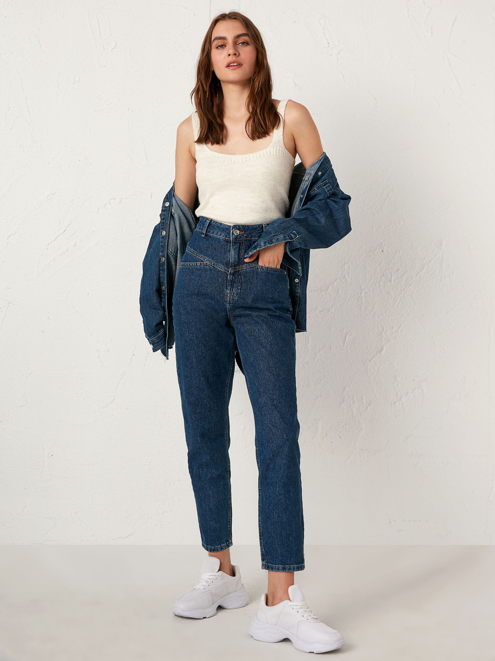 İndigo Yüksek Bel Mom Fit Kadın Jean Pantolon-7