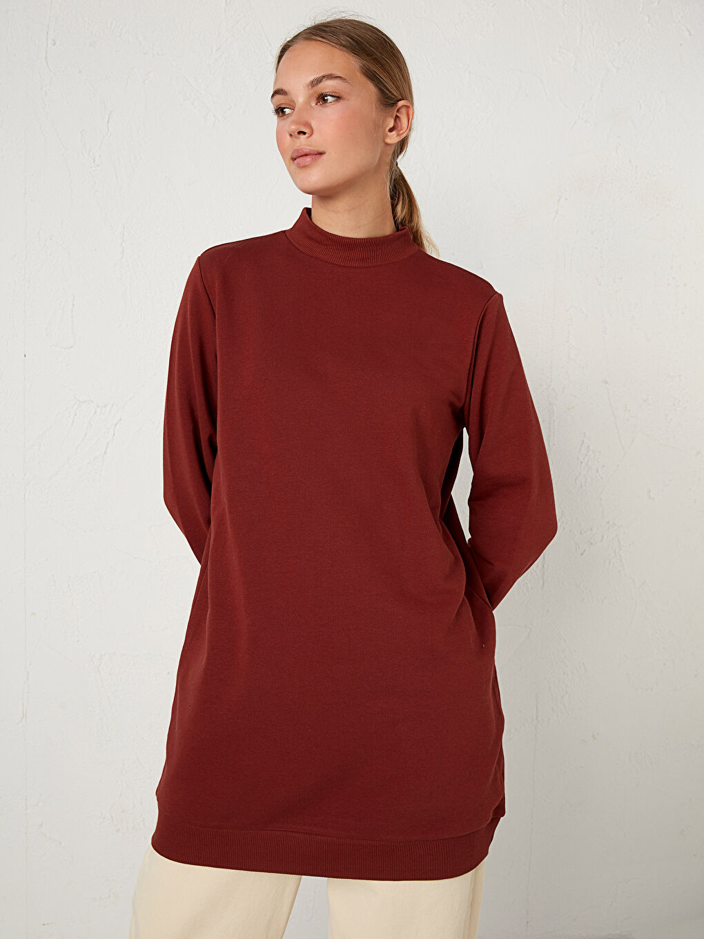 Kırmızı Kadın Bisiklet Yaka Düz Sweatshirt Tunik