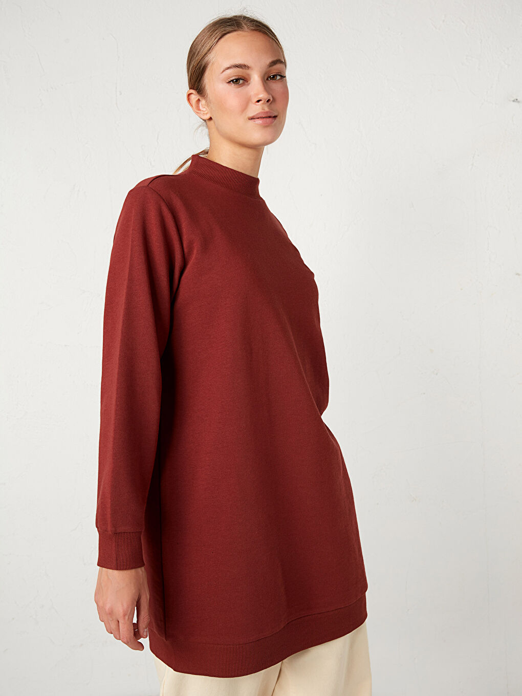 Kırmızı Kadın Bisiklet Yaka Düz Sweatshirt Tunik-1