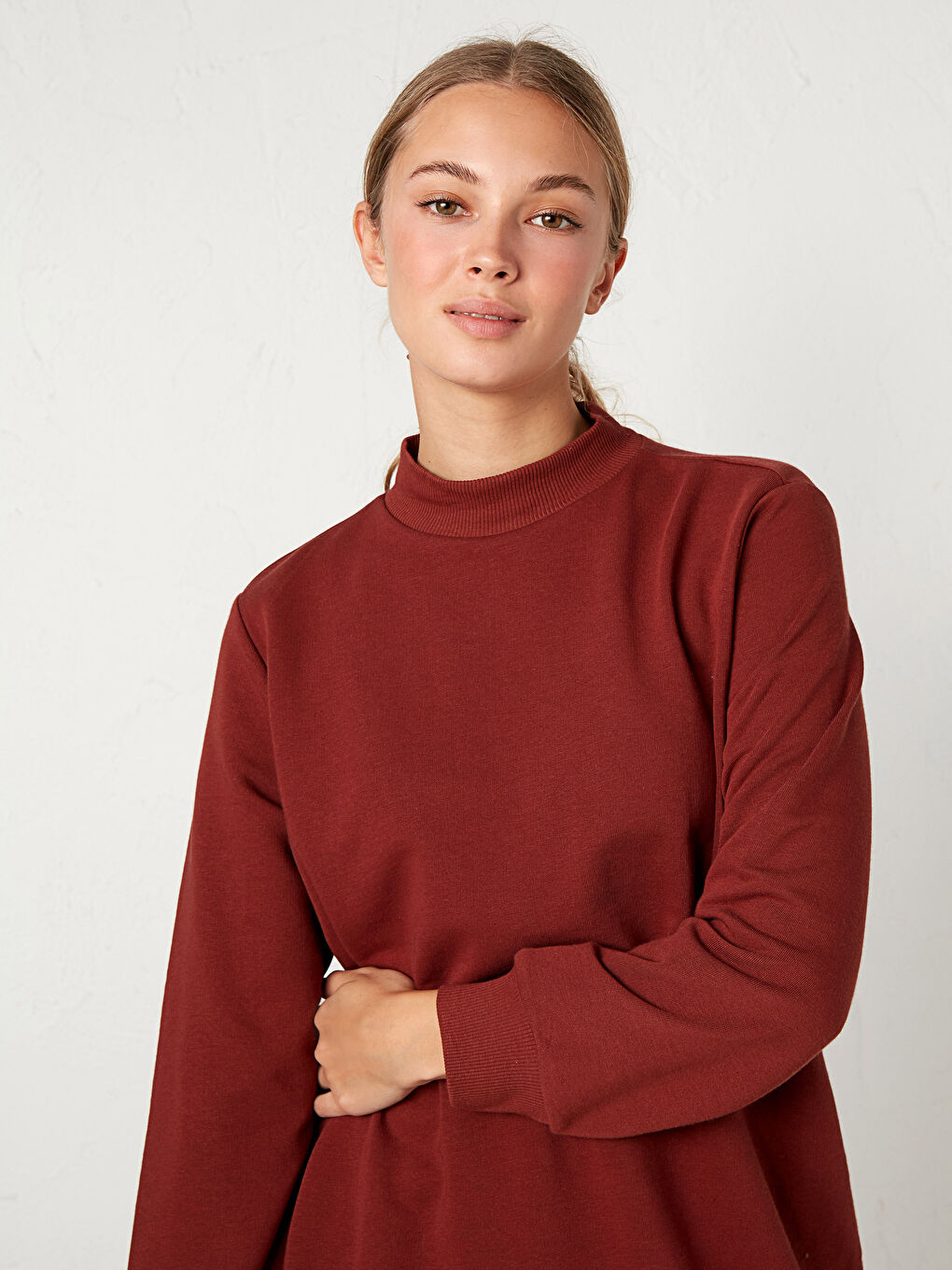 Kırmızı Kadın Bisiklet Yaka Düz Sweatshirt Tunik-2