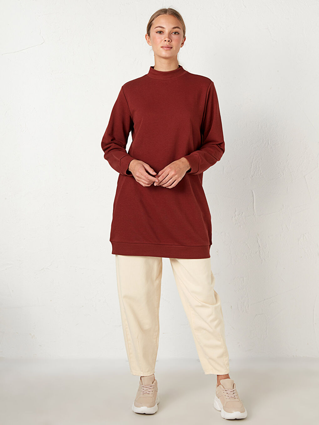 Kırmızı Kadın Bisiklet Yaka Düz Sweatshirt Tunik-3