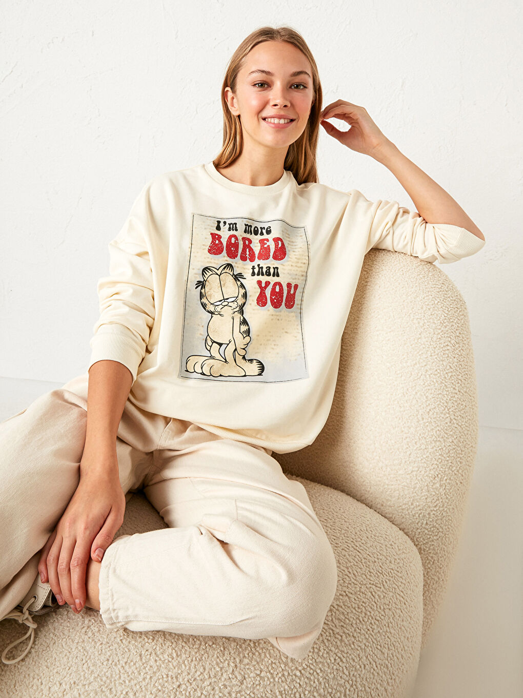 Ekru Garfield Baskılı Sweatshirt