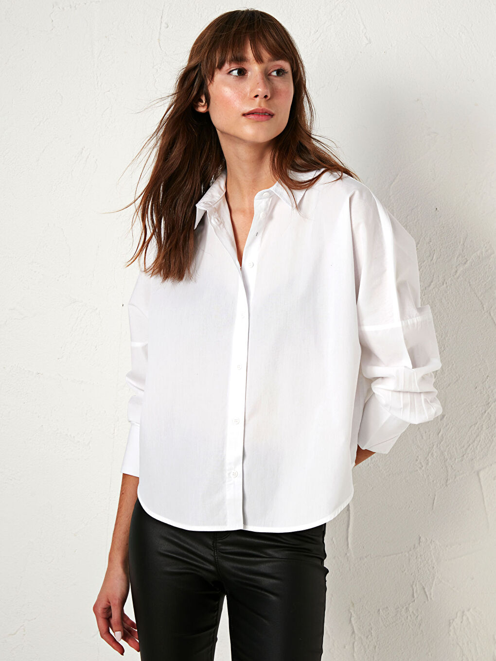 Buttoned Regular Long Sleeve Poplin Women's Shirt-1