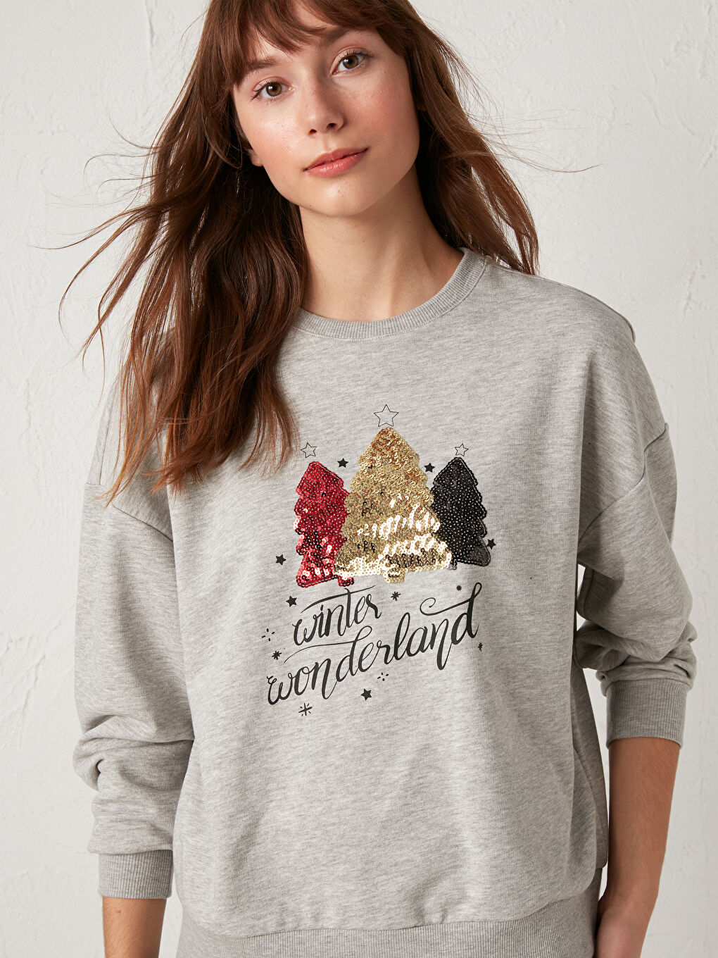 Gri Yılbaşı Temalı Pamuklu Baskılı Sweatshirt-3