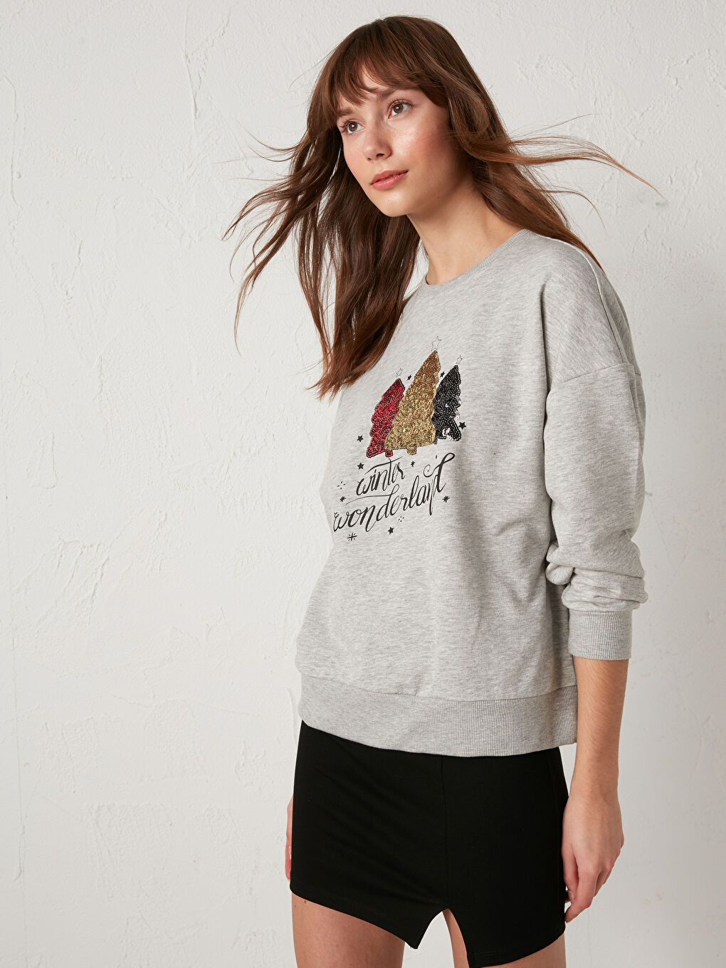 Gri Yılbaşı Temalı Pamuklu Baskılı Sweatshirt