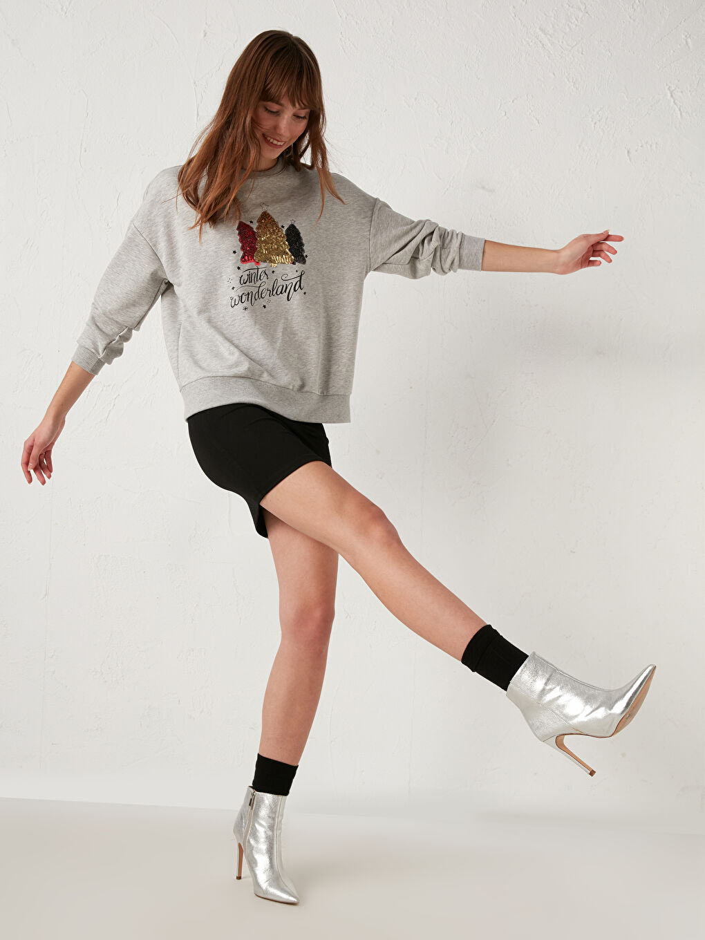 Gri Yılbaşı Temalı Pamuklu Baskılı Sweatshirt-1