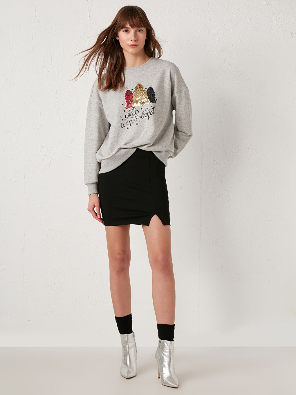 Gri Yılbaşı Temalı Pamuklu Baskılı Sweatshirt-2