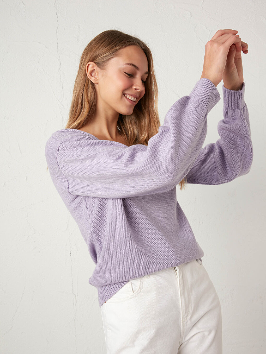 Lila V Yaka Kalın Triko Kazak-4