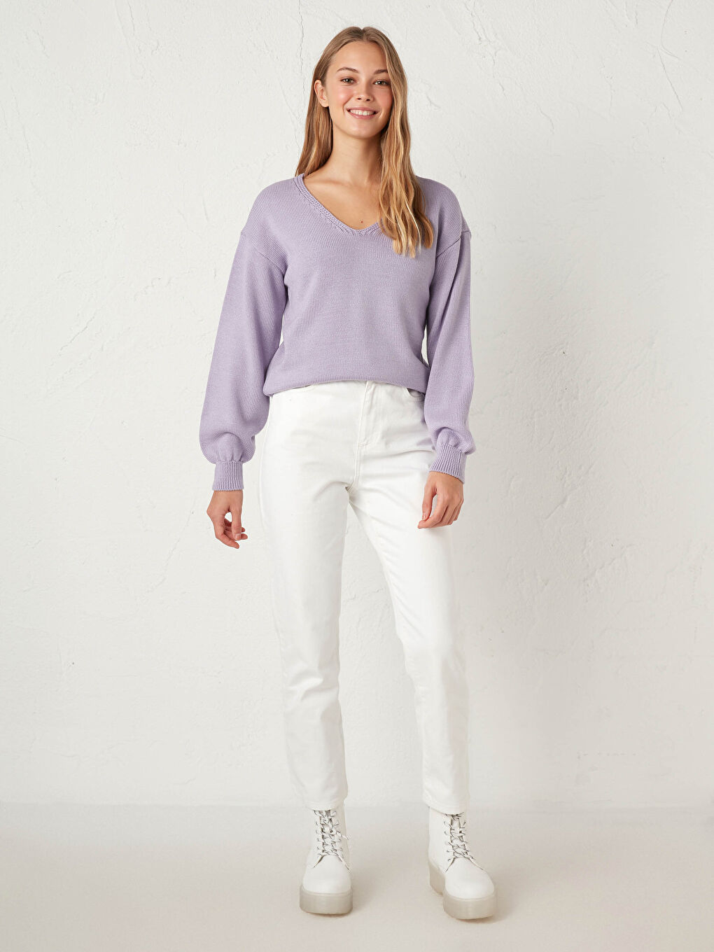 Lila V Yaka Kalın Triko Kazak-5