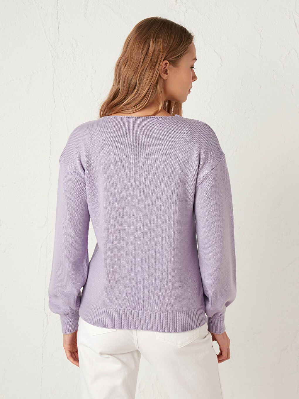 Lila V Yaka Kalın Triko Kazak-6