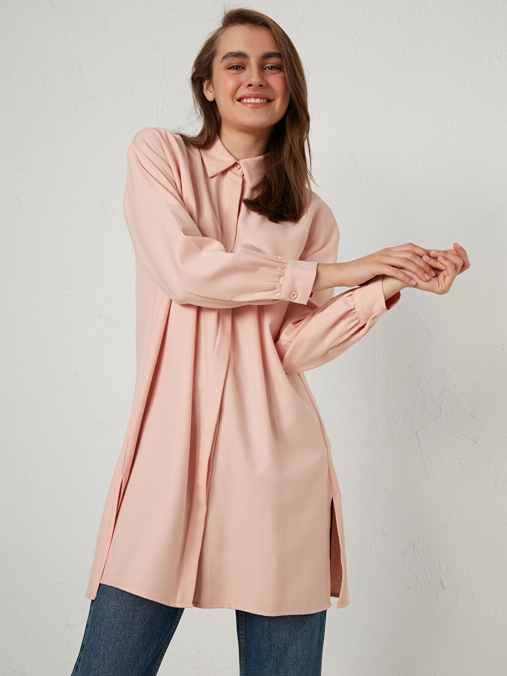 Pembe Oversize Kadın Gömlek Tunik-1