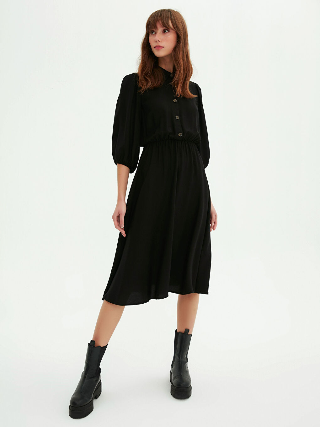 Front Button Closure Women's Flared Shirt Dress-2