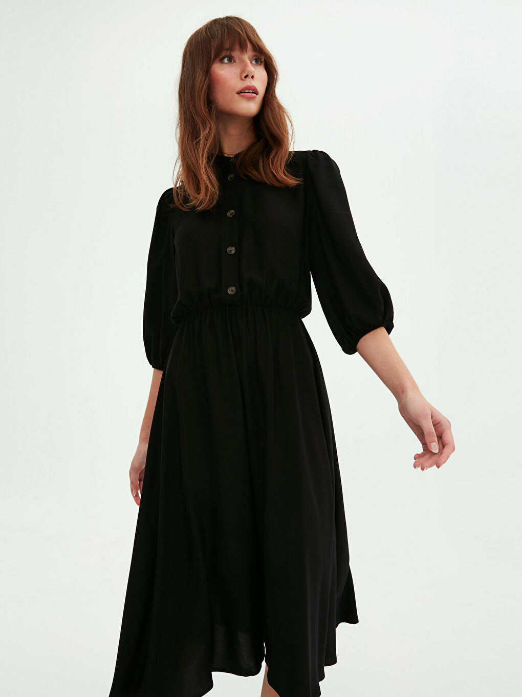 Front Button Closure Women's Flared Shirt Dress-3