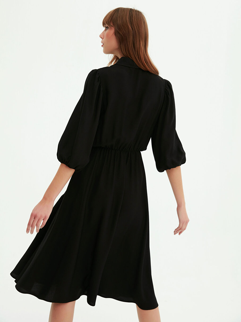 Front Button Closure Women's Flared Shirt Dress-4