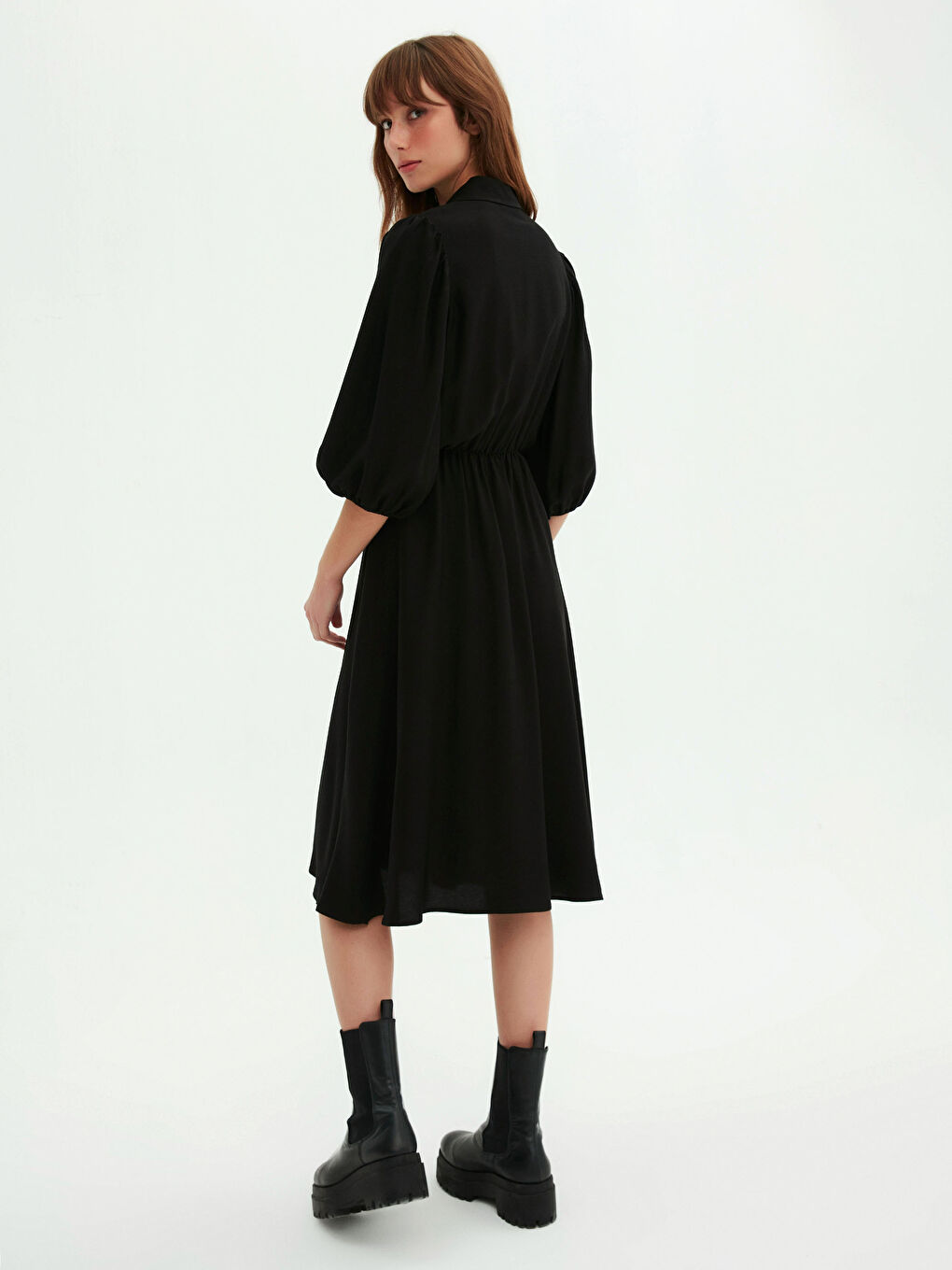 Front Button Closure Women's Flared Shirt Dress-5