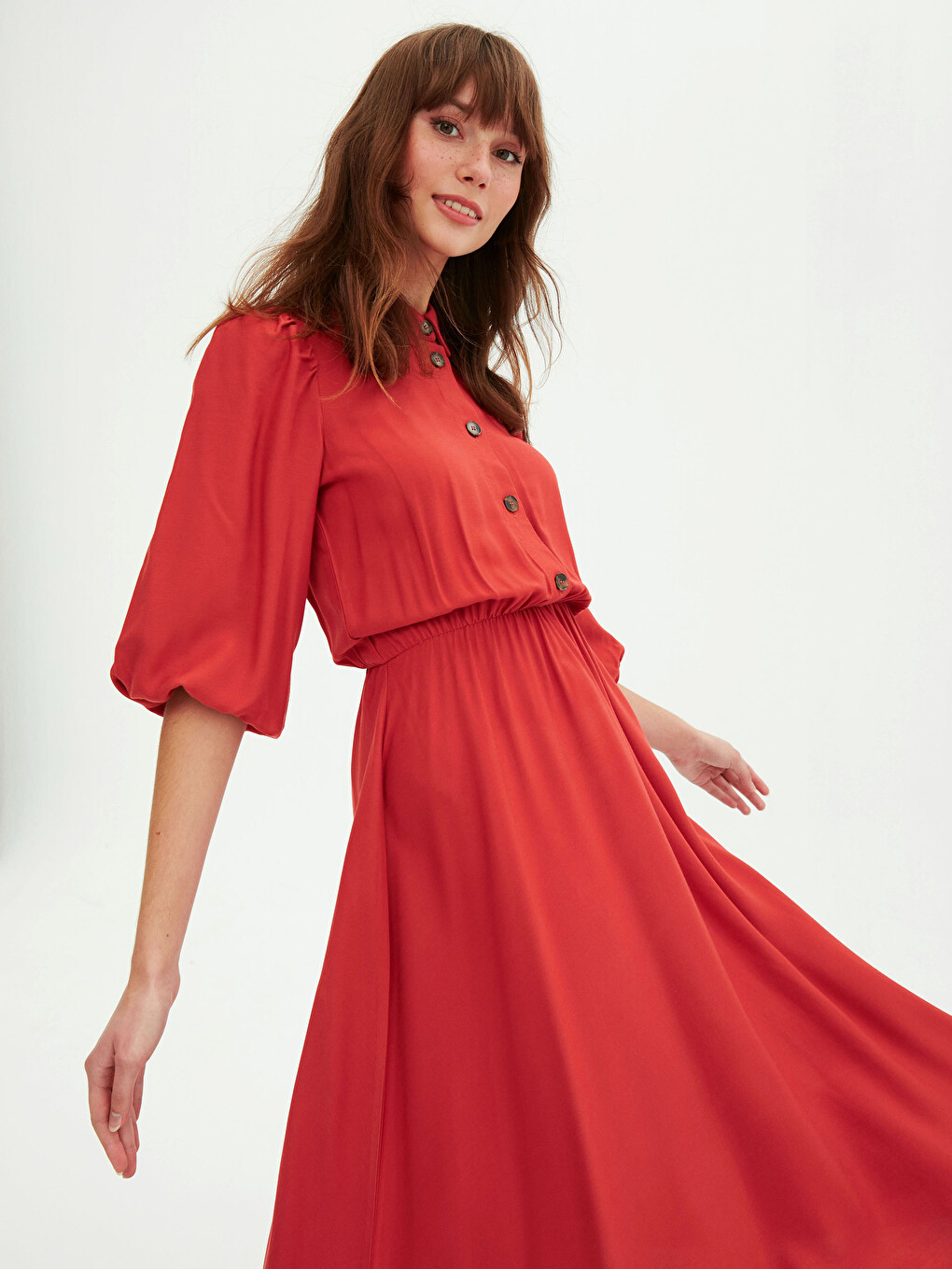 Front Button Closure Women's Flared Shirt Dress-2
