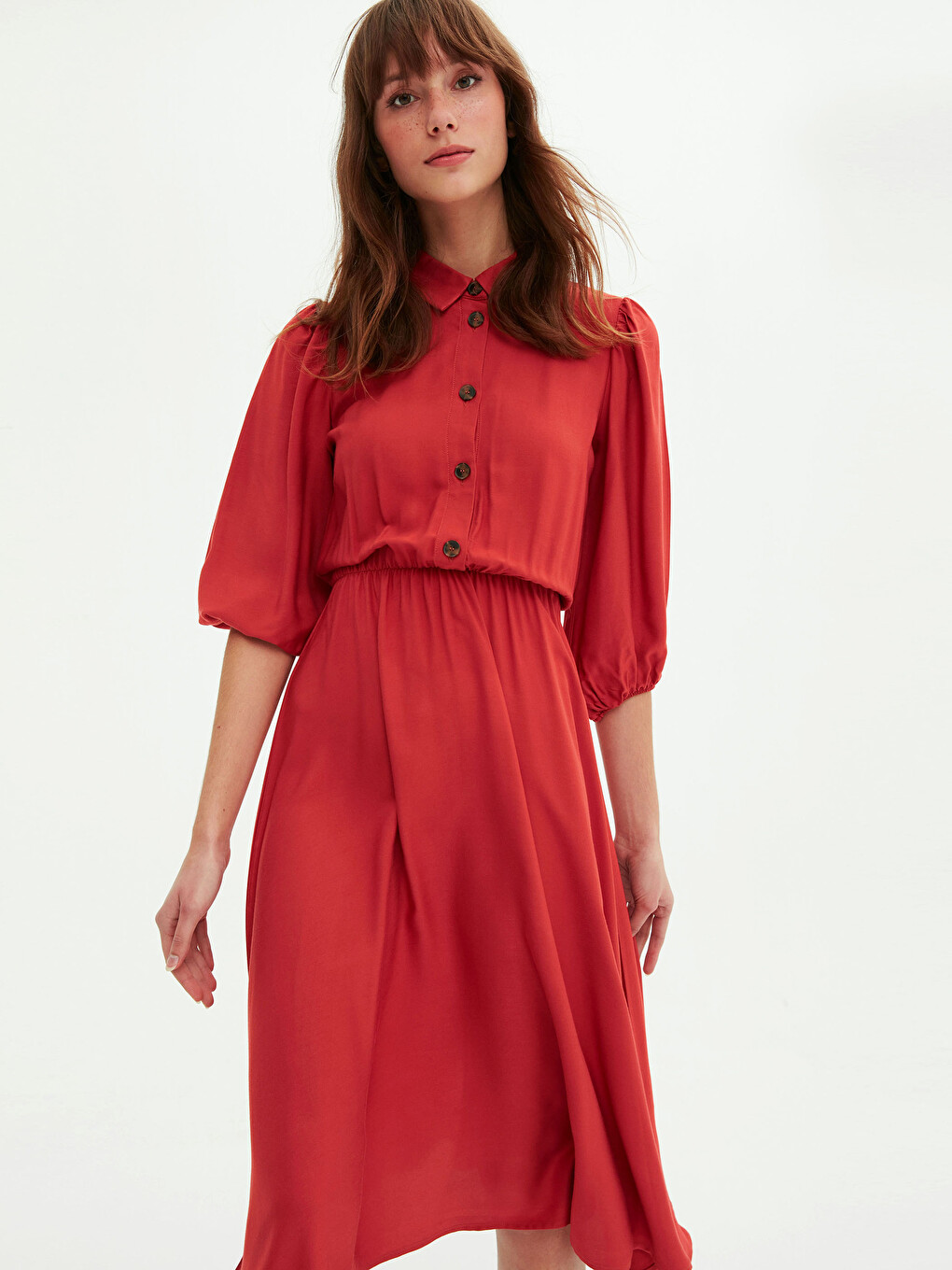 Front Button Closure Women's Flared Shirt Dress-3