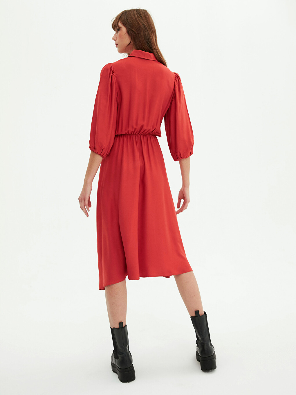 Front Button Closure Women's Flared Shirt Dress-6