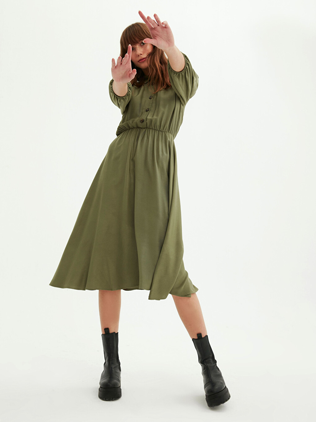Front Button Closure Women's Flared Shirt Dress-2