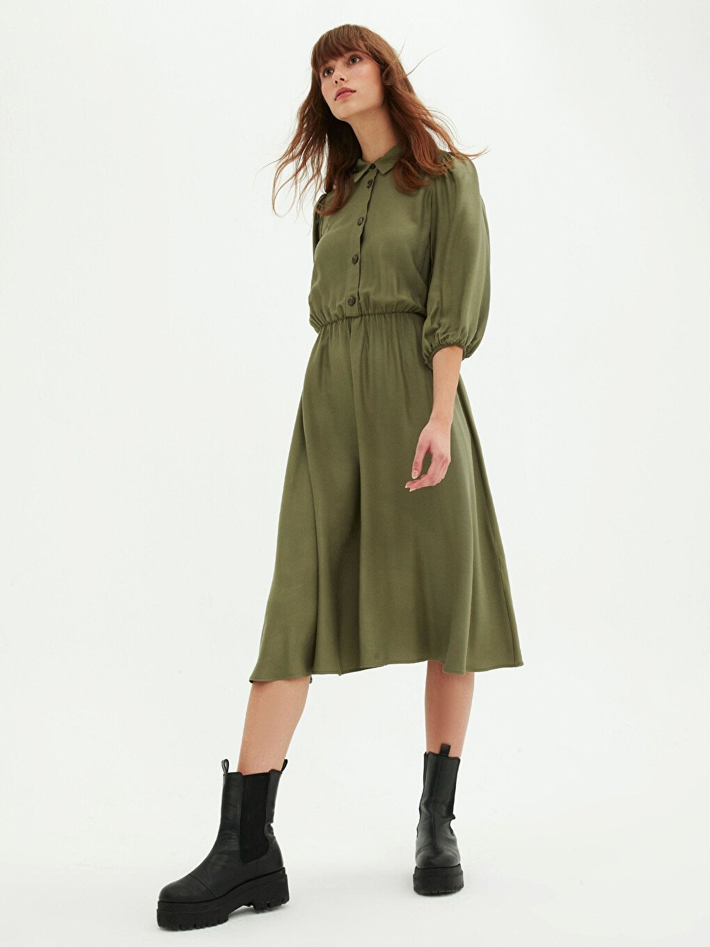 Front Button Closure Women's Flared Shirt Dress-3