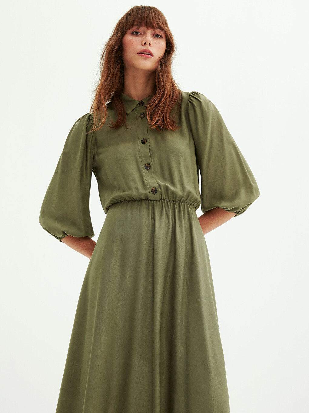 Front Button Closure Women's Flared Shirt Dress-4
