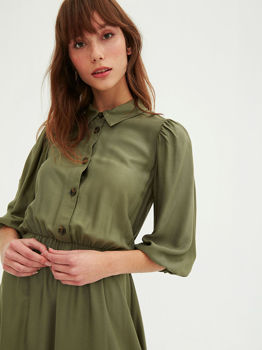 Front Button Closure Women's Flared Shirt Dress-5