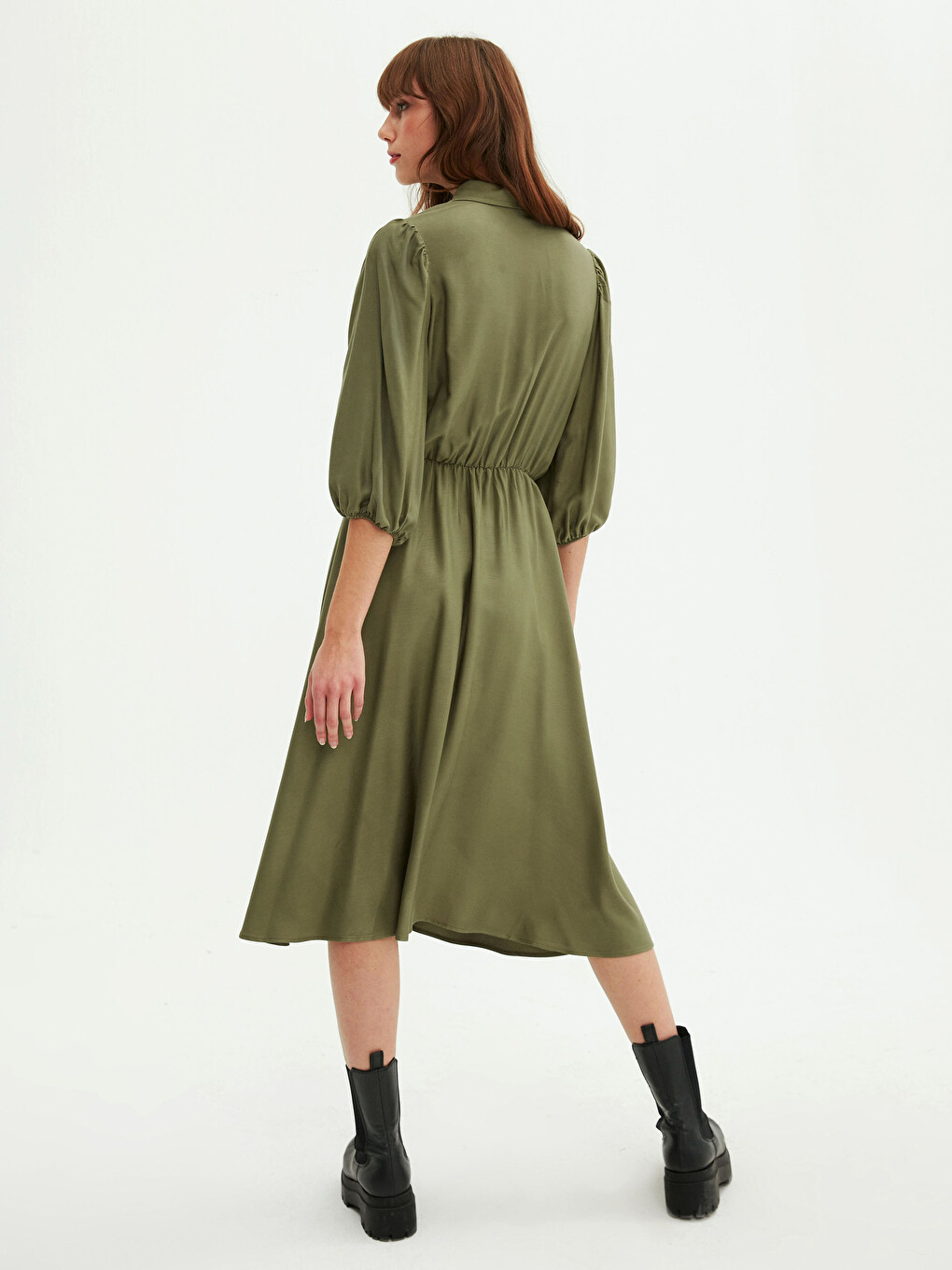 Front Button Closure Women's Flared Shirt Dress-6