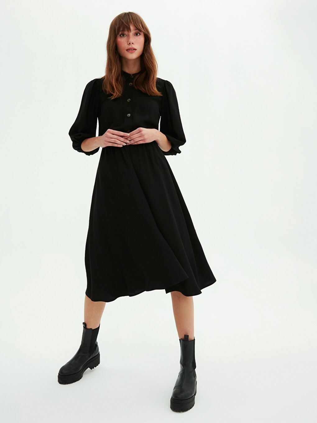 Front Button Closure Women's Flared Shirt Dress