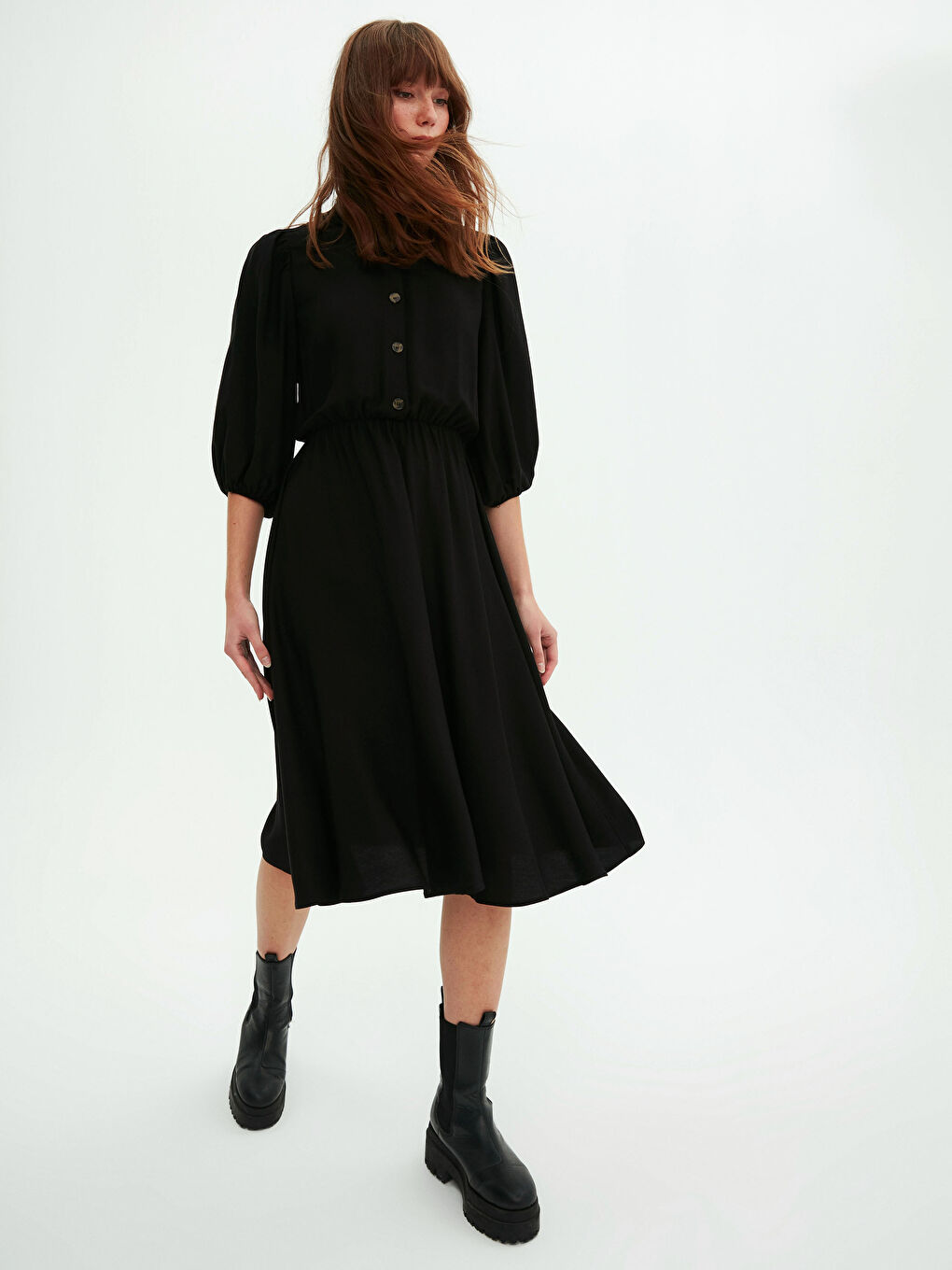 Front Button Closure Women's Flared Shirt Dress-1