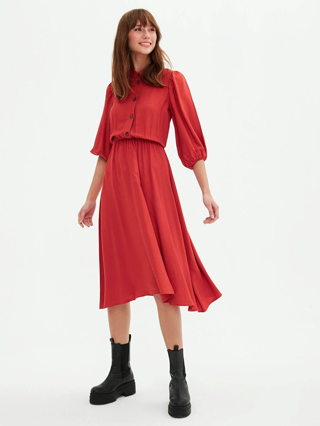 Front Button Closure Women's Flared Shirt Dress