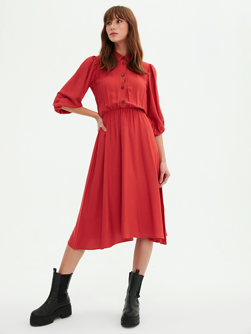 Front Button Closure Women's Flared Shirt Dress-1