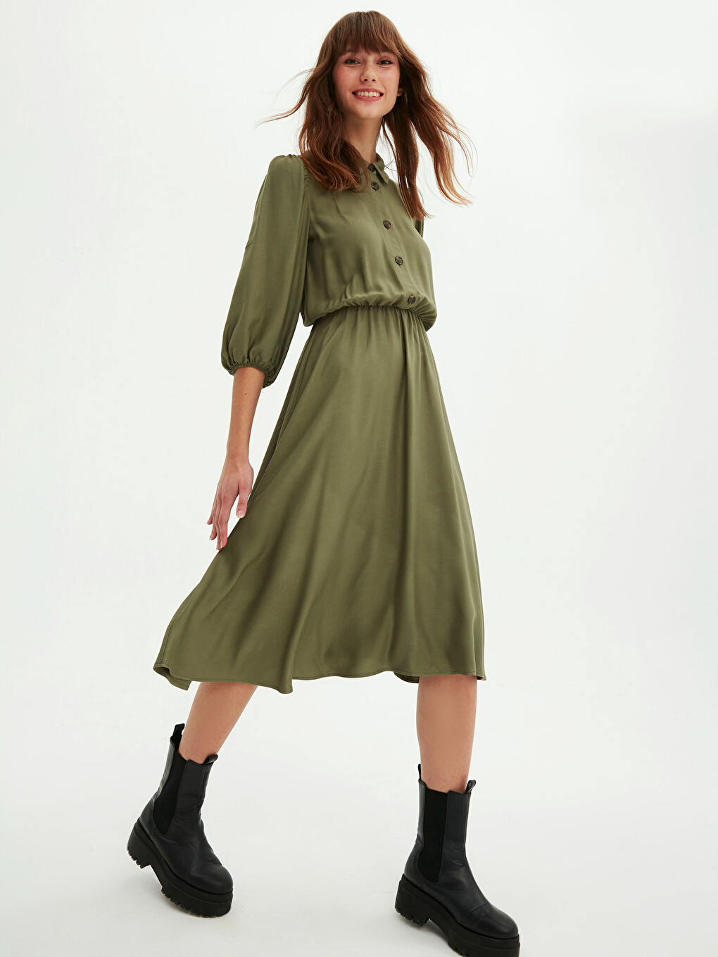 Front Button Closure Women's Flared Shirt Dress