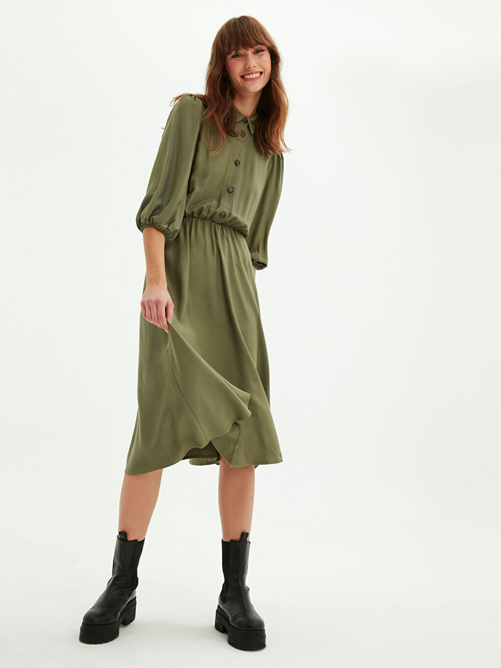 Front Button Closure Women's Flared Shirt Dress-1