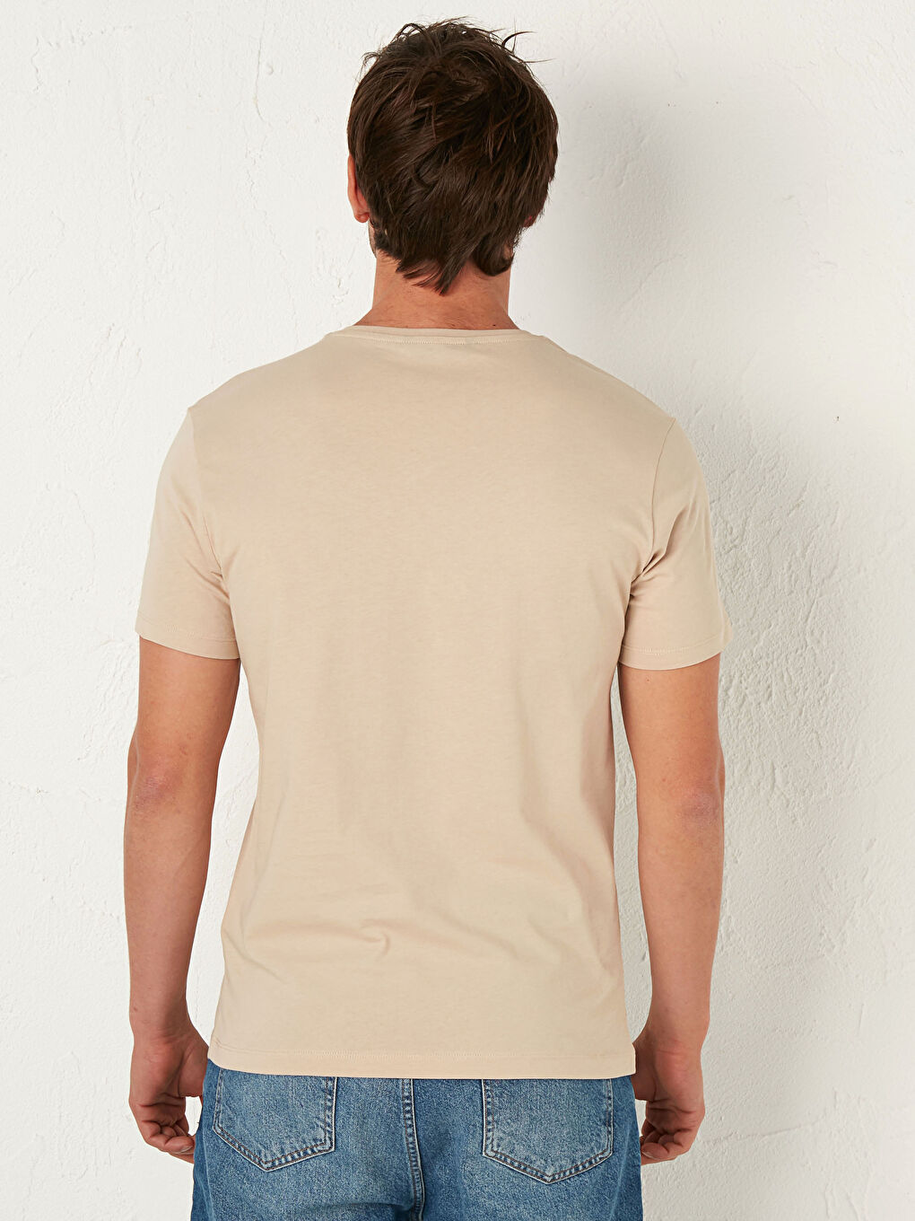 Bej Bisiklet Yaka Baskılı Penye Tişört-3