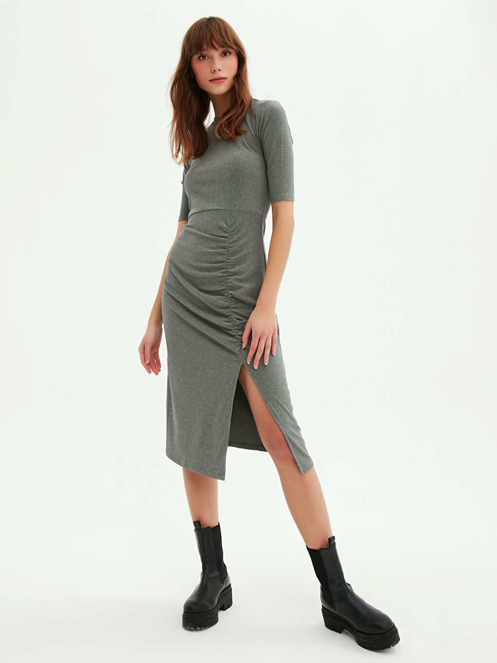 LCW Limited Rundhalsausschnitt Rüschen Detail Kurzarm Kleid für Damen -0WGJ52Z8-KAV