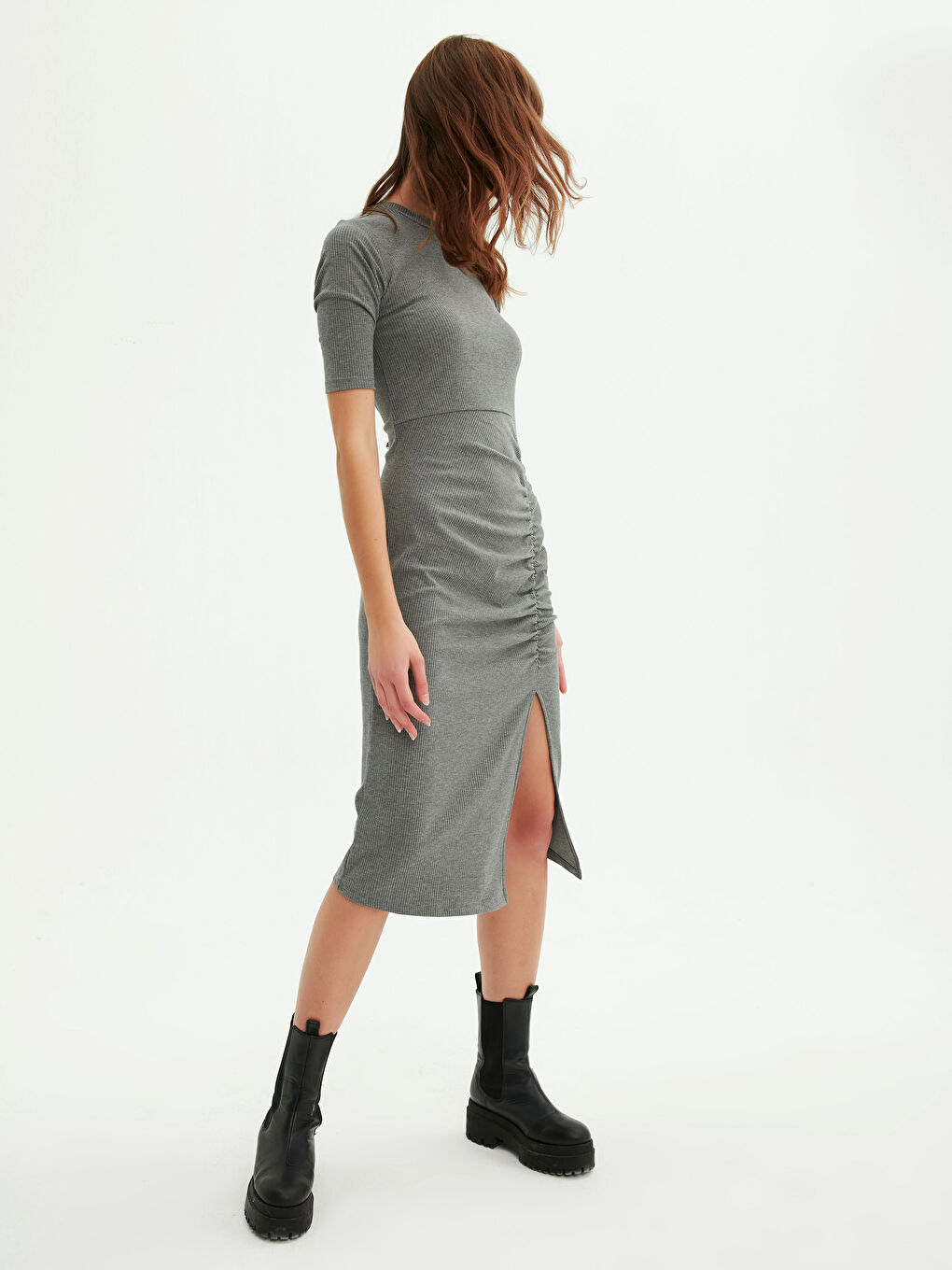 LCW Limited Rundhalsausschnitt Rüschen Detail Kurzarm Kleid für Damen -0WGJ52Z8-KAV