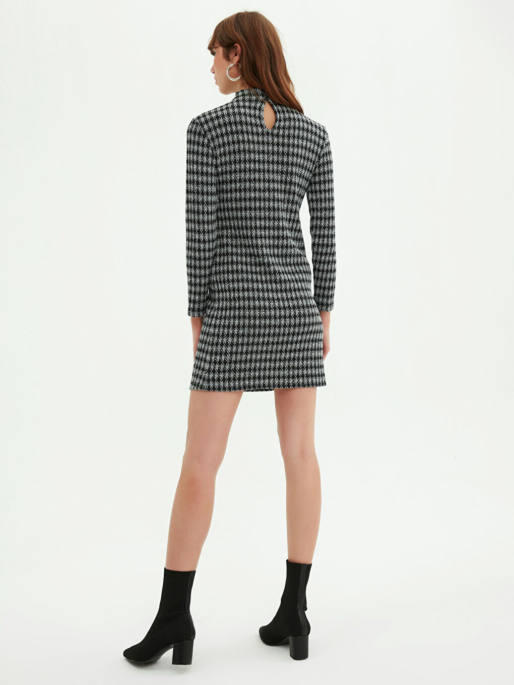 Әйелдерге арналған биік жағалы қарға аяғы принтті ұзын жең көйлек-5