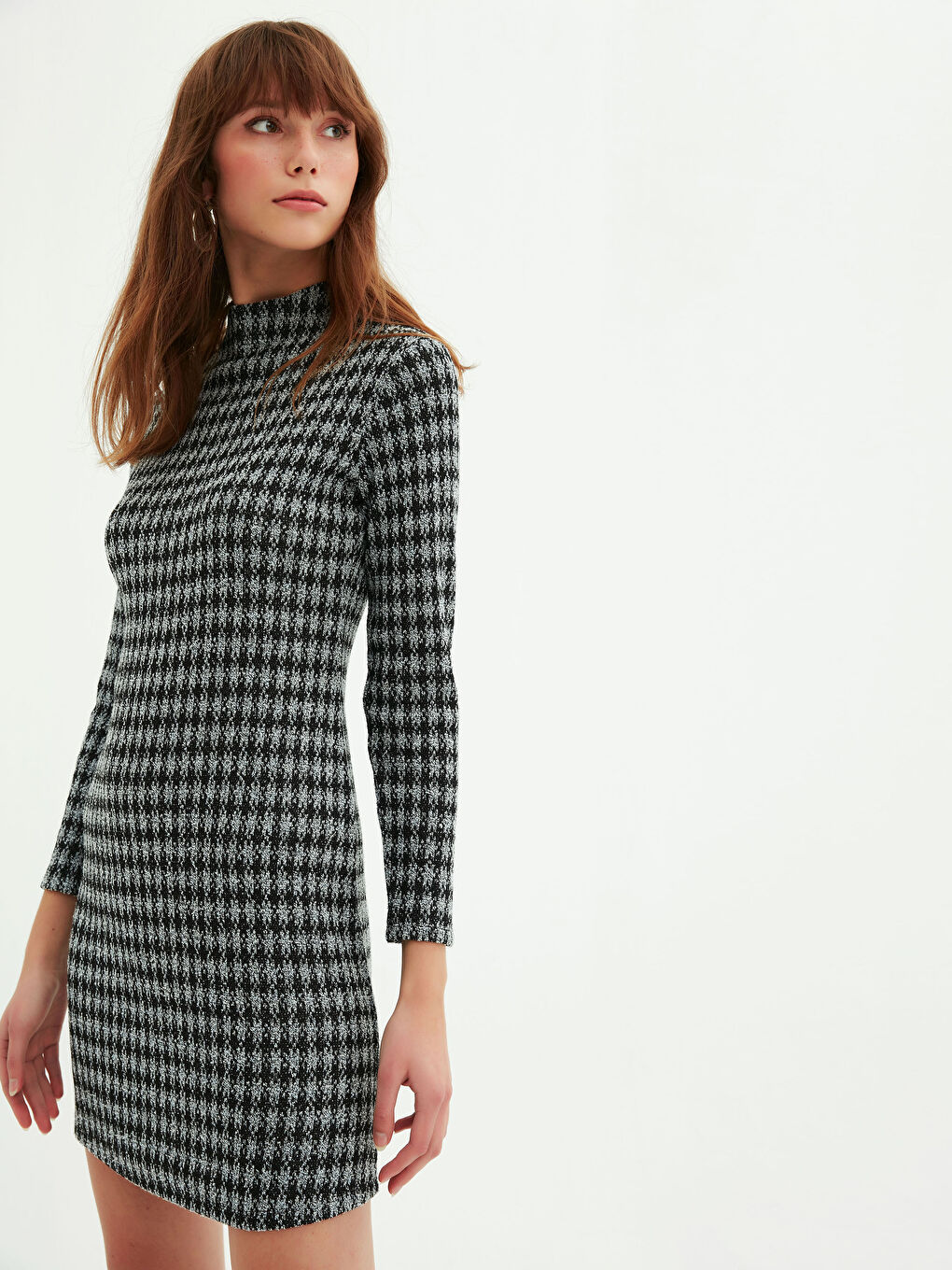 Әйелдерге арналған биік жағалы қарға аяғы принтті ұзын жең көйлек-2