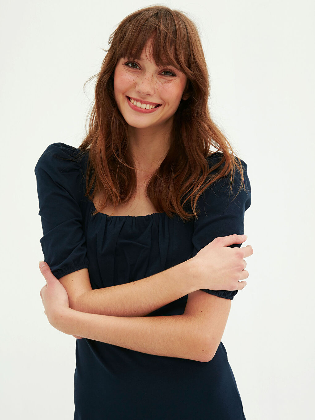 Lacivert Yakası Büzgü Detaylı Elbise-5