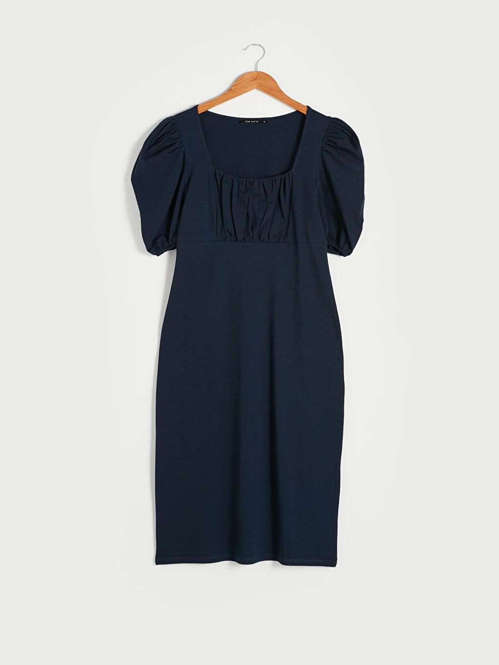 Lacivert Yakası Büzgü Detaylı Elbise-7