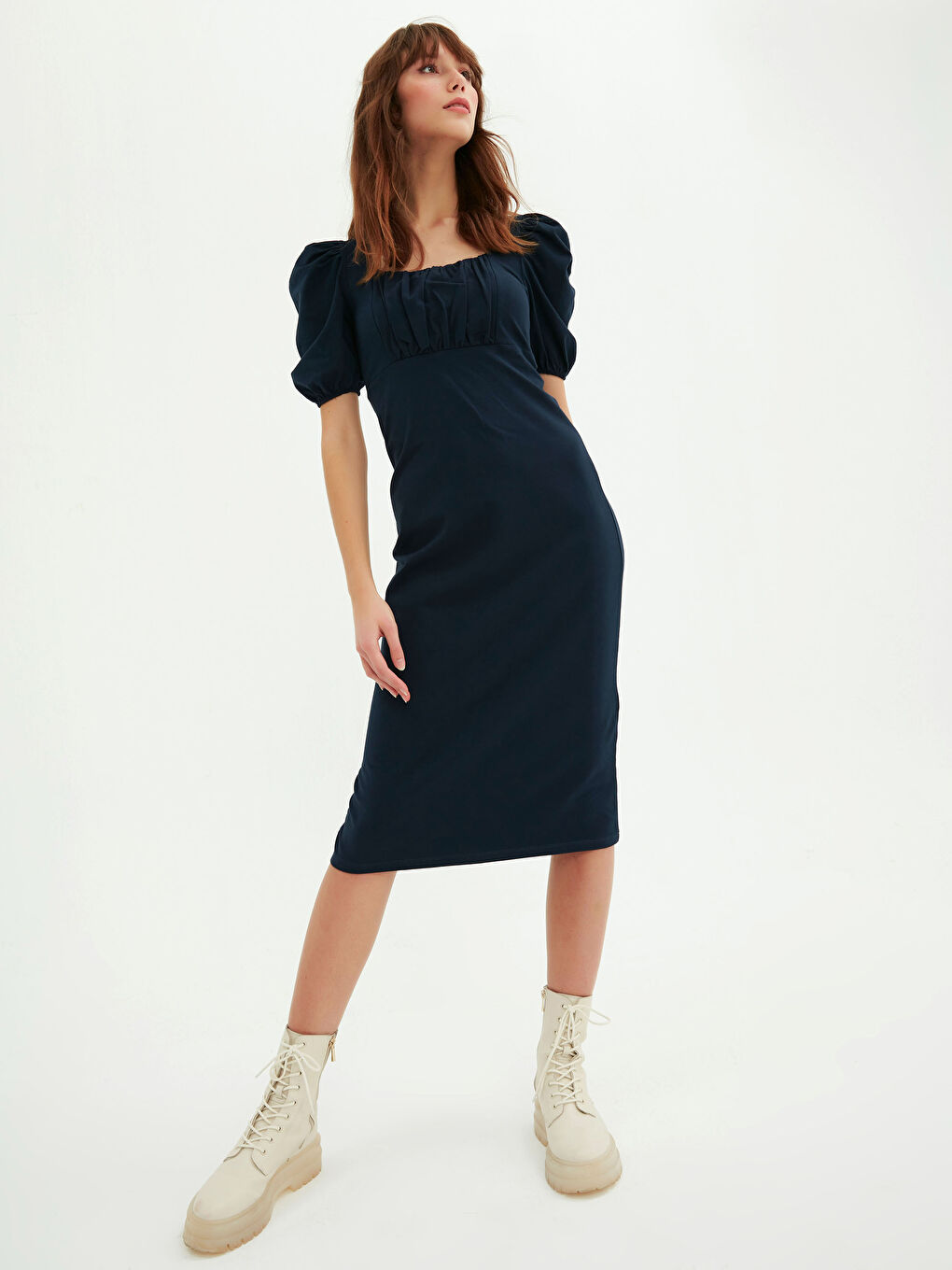 Lacivert Yakası Büzgü Detaylı Elbise