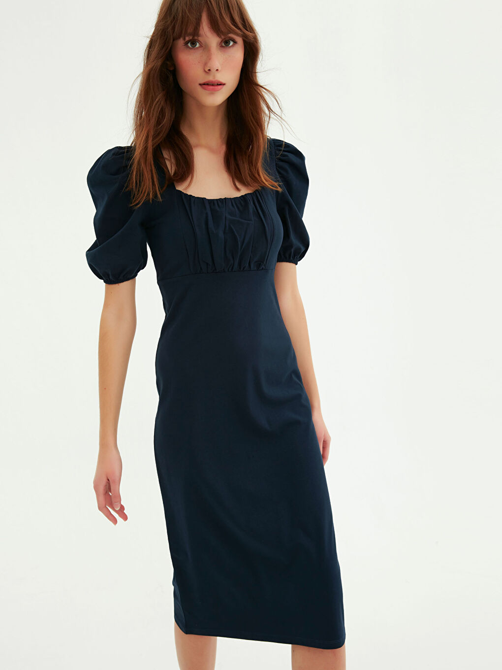 Lacivert Yakası Büzgü Detaylı Elbise-1