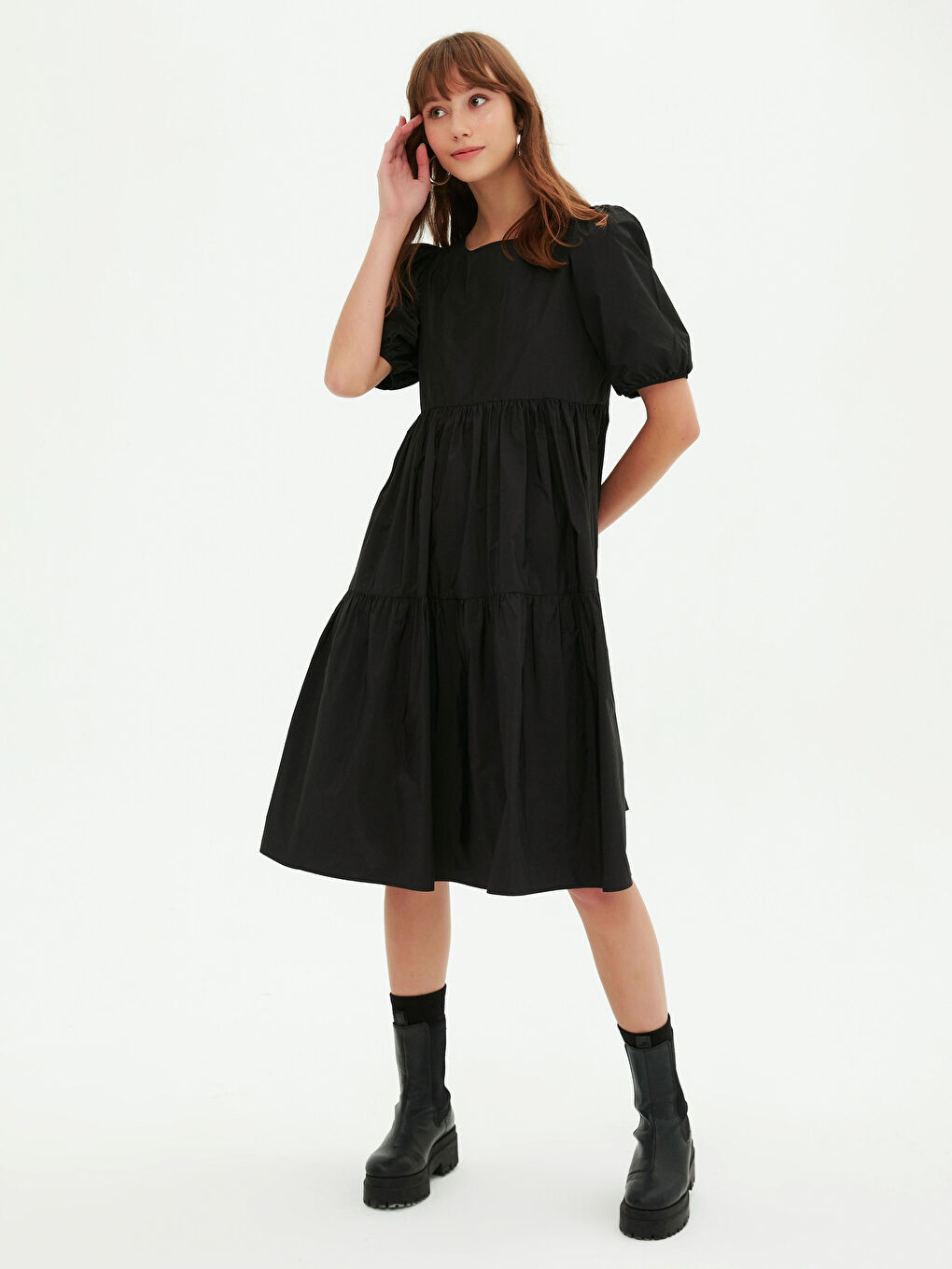 Siyah Balon Kol Midi Elbise-4