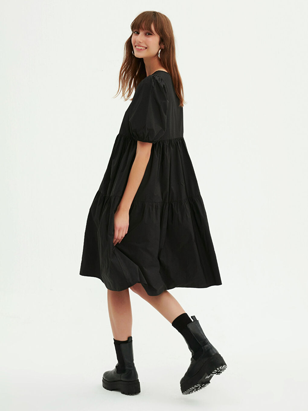 Siyah Balon Kol Midi Elbise-5