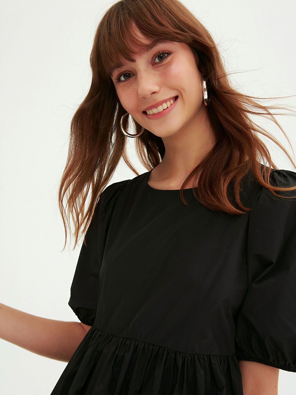 Siyah Balon Kol Midi Elbise-6