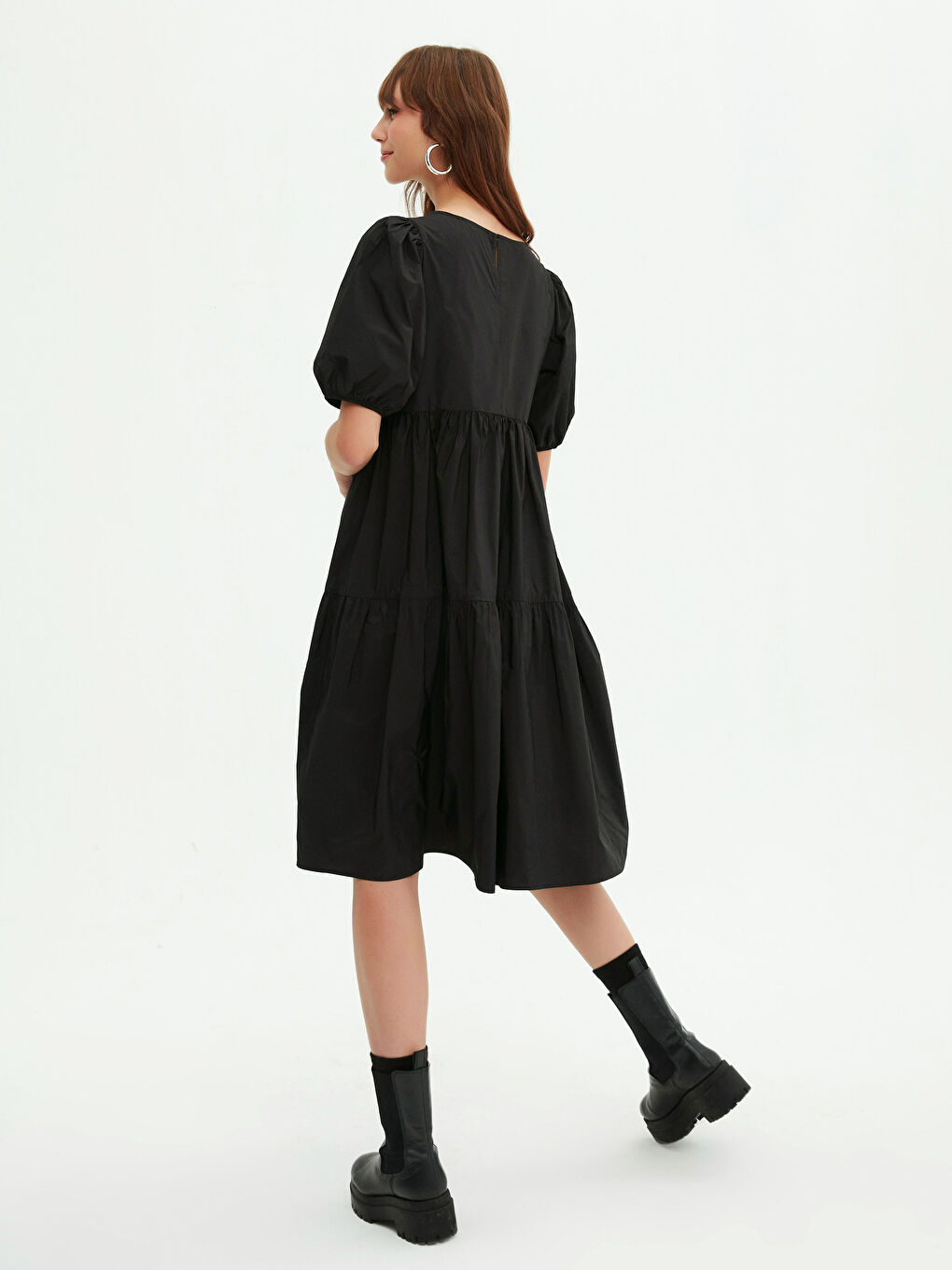 Siyah Balon Kol Midi Elbise-8