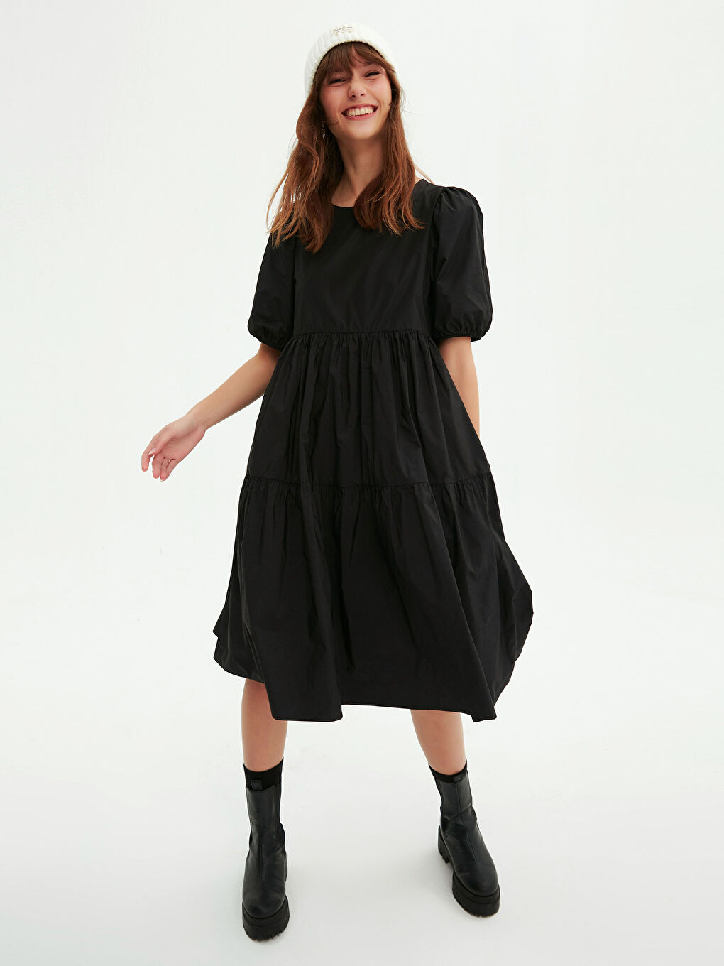 Siyah Balon Kol Midi Elbise-3