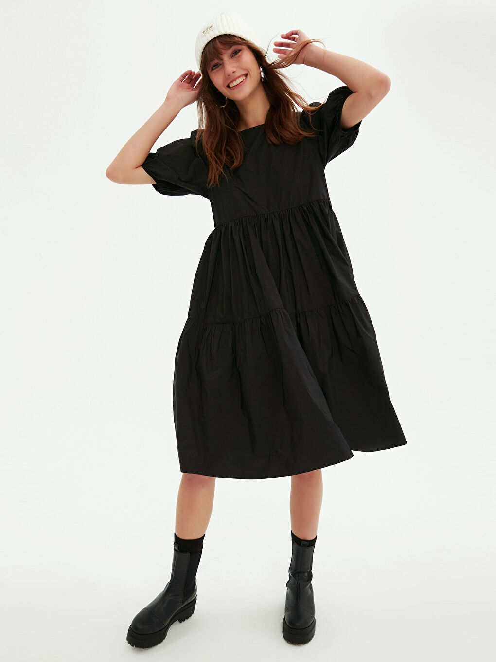 Siyah Balon Kol Midi Elbise-1