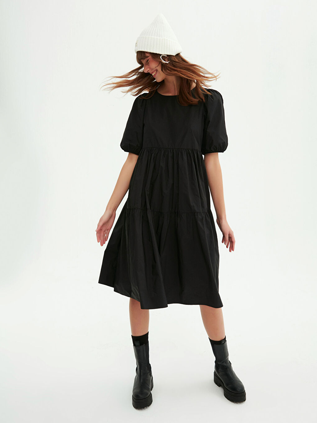 Siyah Balon Kol Midi Elbise-2